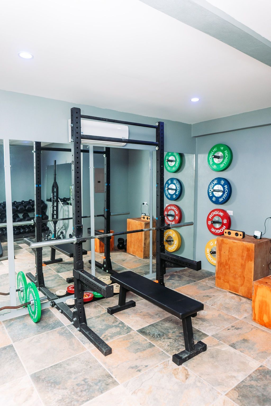 Rogue plates and rack in the gym at Hotel Jaco